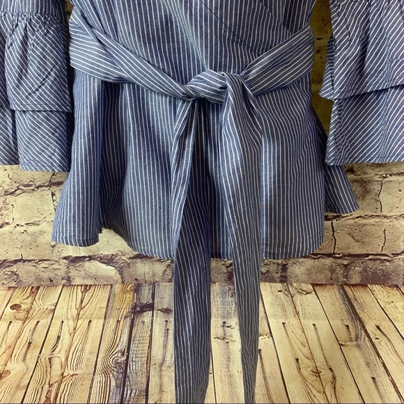 Beach Lunch Lounge Arianna Blue Striped Wrap Bell Sleeve Top - Picture 3 of 9
